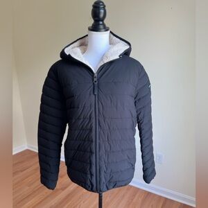 Calvin Klein ||  Faux Sherpa Combo Puffer Jacket Hooded Black Sorona Aura Sz S